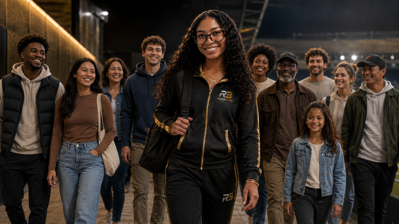 A RosterBound athlete walking with a diverse group of family, friends, coaches, and community supporters.