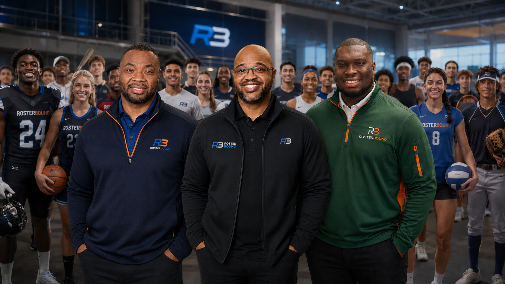 RosterBound founders standing with a diverse group of student-athletes across multiple sports.