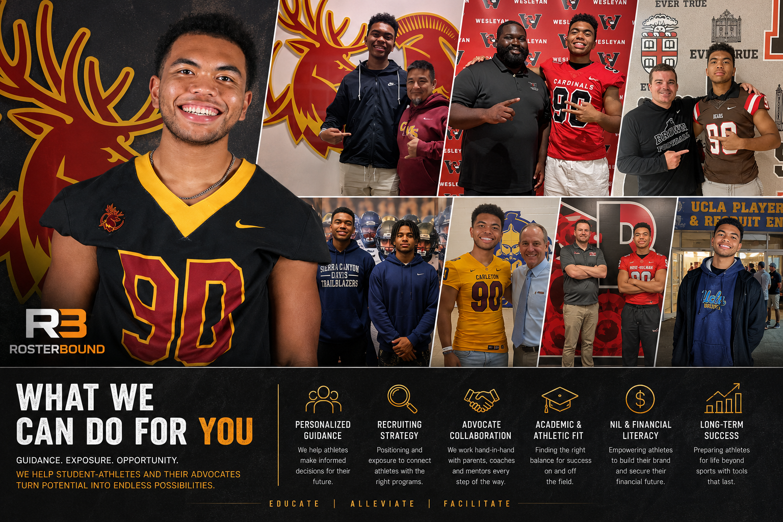 RosterBound athlete Coop with college coaches at USC, Wesleyan, Brown, Sierra Canyon, Carleton, Rose-Hulman, and UCLA — What we can do for you: guidance, exposure, opportunity.