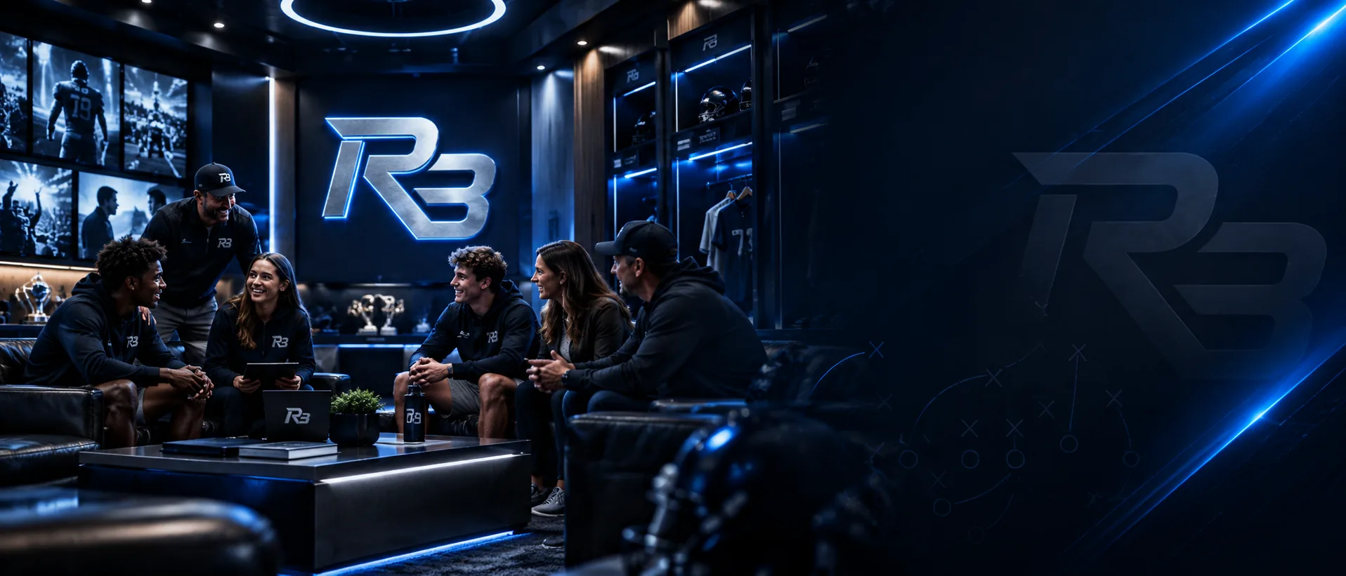 RosterBound athletes, parents and coaches talking in a lounge with a lit RB logo wall and lockers holding jerseys and helmets