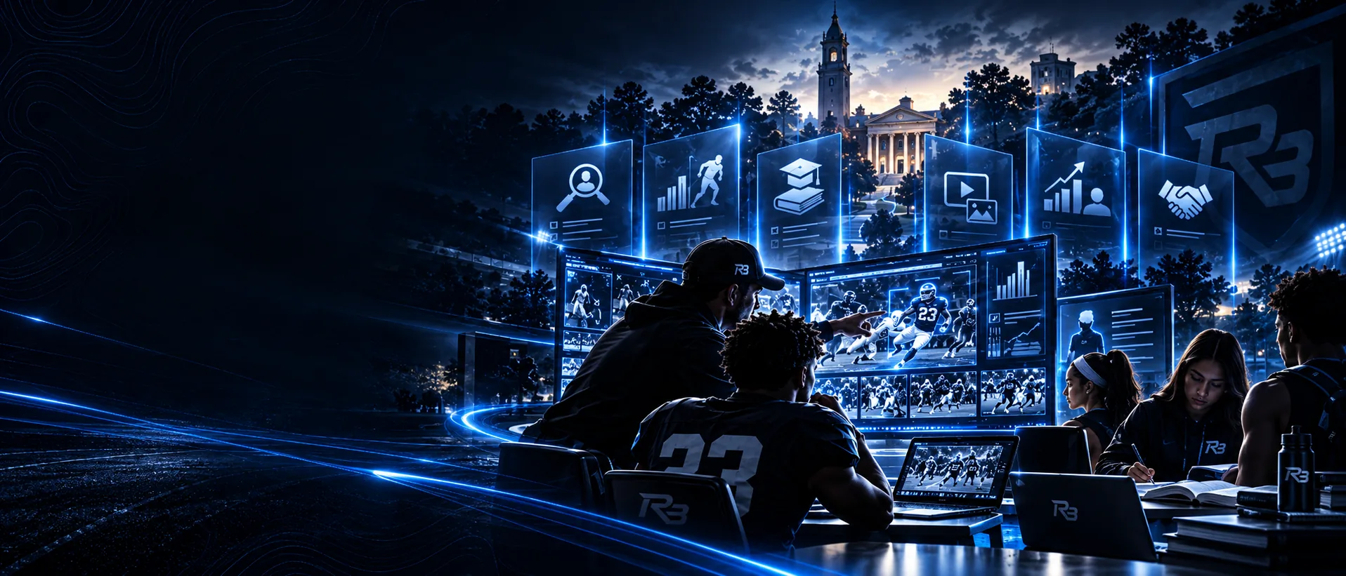 RosterBound coach pointing at game film on large screens while athletes study at a table