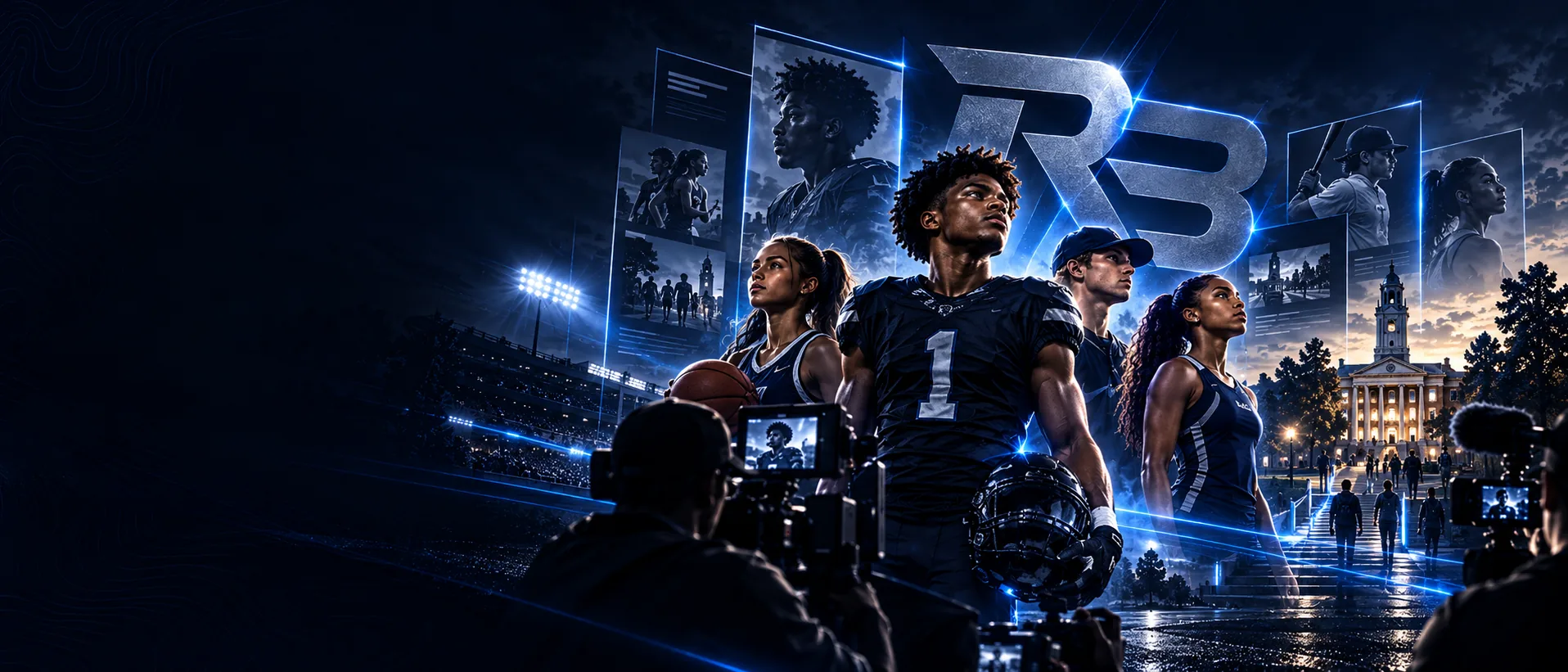 RosterBound athletes in uniform facing camera crews filming them, with a college campus and stadium lights behind